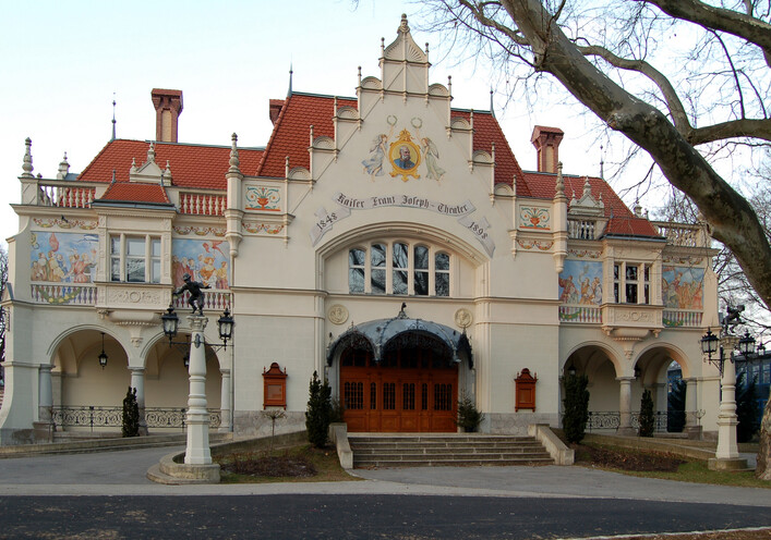 Main facade of the Stadttheater Berndorf, a theatre in Lower Austria built 1898.