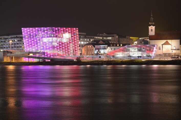 The ARS Electronica Center seen from Lentos Art Museum in Linz (Upper Austria).