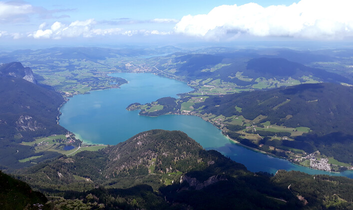 View of the Mondsee lake from the Schafberg mountain in the Salzkammergut region in Austria
