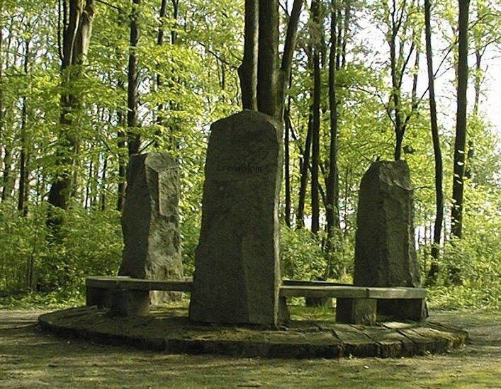 Bauernkriegsdenkmal in Alkoven: Massive steinerne Monumente erheben sich inmitten eines dichten, grünen Waldes. Die Stelen sind von Moos und Flechten bedeckt, was auf ihr hohes Alter hindeutet. Umgeben sind sie von einem verwitterten Steinkreis, der einen interessanten visuellen Kontrast zu der üppigen, natürlichen Umgebung bildet.