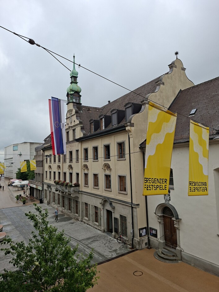 City hall in Bregenz (Vorarlberg, Austria). Flag hoisting on the occasion of the Bregenzer Festspiele