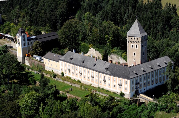 Schloss Neuhaus in St. Martin im Mühlkreis: Ein mehrstöckiges Gebäude mit einem hohen Turm, das von Bäumen umgeben ist. Die Fassade des Gebäudes weist eine klassische Architektur mit Dachgiebeln und Fenstern auf. Die Umgebung ist von dichter Vegetation und Berghängen geprägt, was eine malerische Szenerie ergibt.