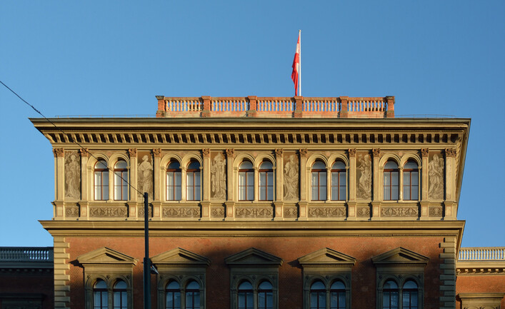 Six pieces of mural art above the entrance of the Museum of Applied Arts, Vienna