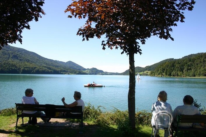Ein ruhiger See umgeben von Bergen und Bäumen. Im Vordergrund sitzen Menschen auf Bänken und genießen die Aussicht.