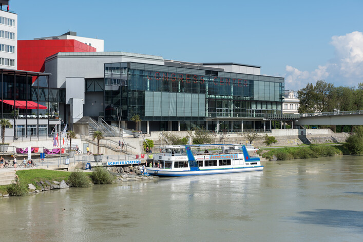 Passenger ship "Landskron" in front of the Congress Center on Europaplatz #1, statutary city Villach, Carinthia, Austria, EU