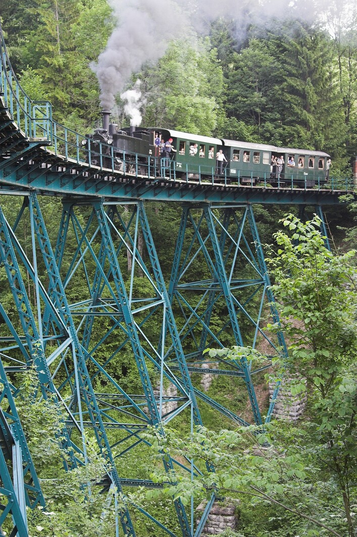 Steyrtalbahn engine No. 2 (ÖBB 298.102) as a special guest on the Ybbstahlbahn Bergstrecke heritage railway. The train is passing the Hühnernestgraben viaduct, one of two steel trestlework bridges of that narrow gauge line.