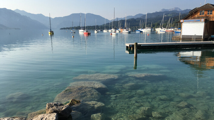 Seebad Nussdorf, Blick vom See, Nussdorf am Attersee, Salzkammergut