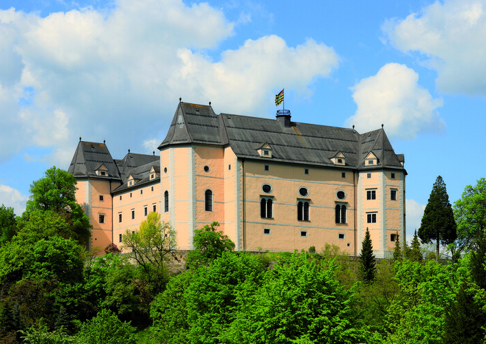 Attraktion Schloss Greinburg in Grein: Ein historisch anmutendes Gebäude mit beeindruckender Architektur, umgeben von üppiger Vegetation und einem wolkigen Himmel. Die Konstruktion hat mehrere Stockwerke und auffallende Dächer und Türme. Eine Flagge weht an der Spitze des Gebäudes. Die Umgebung ist von grünen Bäumen und Sträuchern geprägt.