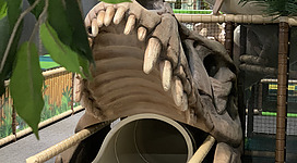 Kids World by IKUNA in Natternbach: Eine Konstruktion aus Holz und Beton, die an eine Art Tier- oder Dinosaurierskelett erinnert. Es ist in einer tropischen Umgebung aufgestellt, umgeben von üppiger Vegetation. Die Konstruktion enthält Röhren und Öffnungen, die möglicherweise als Tiertunnel oder -gehege verwendet werden. Insgesamt vermittelt das Bild einen eher fantasievollen, spielerischen Eindruck.