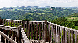 Panoramablick Kirchberg in Kirchberg ob der Donau: Eine friedliche Berglandschaft mit einem hölzernen Balkon, von dem aus man einen Ausblick über die sanft geschwungenen grünen Hügel und Täler hat. Ein idyllisches und naturnahes Panorama, das zu einer erholsamen Auszeit einlädt.