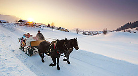 Eine wunderschöne Winterlandschaft mit einem Schlitten, der von Pferden gezogen wird. Die Sonne geht hinter den Bergen unter und der Schnee glitzert im Licht.