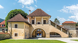 Manor and folwark complex at the monastery portal on Domplatz #1, market town Gurk, district Sankt Veit, Carinthia, Austria, EU