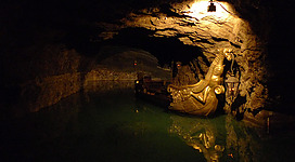 Former mine Seegrotte in Hinterbrühl, Lower Austria - boat from movie Three Musketeers.