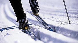 Skifahren im Schnee mit gut sichtbaren Spurenschnitten. Die Skier und Schuhe sind klar im Fokus.