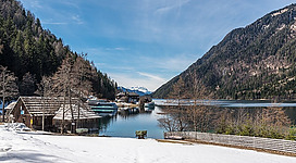 Eastern ending of the Weißensee in Mösel, municipality Stockenboi, district Villach Land, Carinthia, Austria, EU