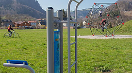 Ein Fitnessgerät im Freien steht auf einer grünen Wiese. Im Hintergrund sieht man ein Spielgerät und Radfahrer.