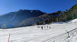 Schneebedeckte Skipiste mit Skifahrern in der Ferne, umgeben von bewaldeten Bergen unter blauem Himmel.