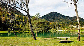 Ein ruhiger See umgeben von Bäumen und Bergen. Eine Bank steht auf der Wiese, ideal zum Entspannen in der Natur.