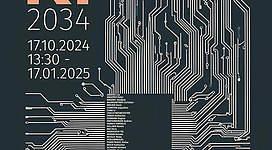 Ein Plakat für die Veranstaltung „Demokratie und KI 2034“. Die Grafik zeigt ein digitales Schaltkreisdesign mit Datum und Veranstaltungsort.