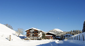 Eine verschneite Landschaft mit einem gemütlichen Haus. Der klare blaue Himmel sorgt für eine malerische Winteratmosphäre.