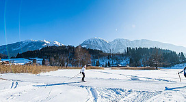 Zwei Skifahrer gleiten über eine schneebedeckte Landschaft bei strahlendem Sonnenschein. Im Hintergrund sind majestätische Berge und ein klarer blauer Himmel zu sehen.
