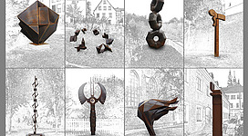 Braunauer Skulpturenweg in Braunau am Inn: In diesem Bild sind verschiedene abstrakte, moderne Skulpturen zu sehen. Die Skulpturen haben geometrische, organische Formen und sind aus bronzefarbenen Materialien gefertigt. Sie sind in einer urbanen Umgebung mit Häusern, Straßen und Grünflächen platziert. Die Skulpturen stehen einzeln oder in Gruppen und geben dem Ort eine künstlerische Atmosphäre.
