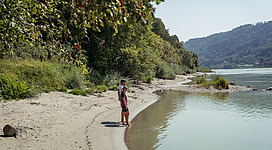 Donaustrand Kramesau in Wesenufer: Eine ruhige Strandszene an einem See inmitten einer üppigen, bergigen Landschaft. Eine Person steht am Ufer und betrachtet das friedliche Gewässer. Bäume und Büsche säumen den Strand, was der Umgebung einen natürlichen und malerischen Charakter verleiht.
