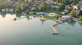 Strandbad Seewalchen, Sprungturm, Luftaufnahme, Salzkammergut,