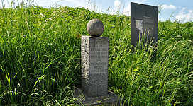 Franzosendenkmal in Leonding: In der Mitte des Bildes befindet sich ein rechteckiger Stein, auf dem eine Inschrift in einer fremden Sprache eingraviert ist. Der Stein steht in einem hohen, grünen Gras, das von Pflanzen und Kräutern umgeben ist. Hinter dem Stein ist eine schwarze Tafel aufgestellt, die weitere Informationen zu enthalten scheint.