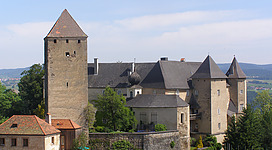 Burg Vichtenstein in Vichtenstein: Ein historisches Gebäude mit mehreren hohen Türmen und Zinnenkränzen auf den Dächern, umgeben von Bäumen und eingebettet in eine hügelige Landschaft. Das Anwesen besteht aus verschiedenen Gebäudeteilen, die sich harmonisch um einen zentralen Innenhof gruppieren.