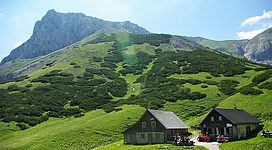 Eine landschaftliche Szene mit zwei Bauernhäusern inmitten von grünen Wiesen. Im Hintergrund ragt ein majestätischer Berg unter einem klaren Himmel.