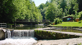 Rodltal mit Waldbad in Gramastetten: Eine malerische Szene mit einem Wasserlauf, der über Felsen fließt und einen kleinen Wasserfall bildet. An den Ufern erstreckt sich eine grüne Umgebung mit Bäumen und Sträuchern. Eine Brücke führt über den Wasserlauf, und ein Holzbau ist im Hintergrund zu sehen.