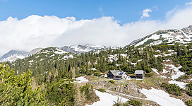 Eine malerische Berglandschaft mit schneebedeckten Gipfeln und grünen Wäldern. Zwischen den Bergen steht eine charmante Hütte.