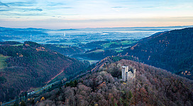 Burgruine Stauf in Haibach ob der Donau: Eine malerische Berglandschaft mit einem alten Turm, der auf einer felsigen Erhebung thront. In der Ferne sind Berge und Täler zu sehen, die in einem zarten Nebel gehüllt sind. Die Umgebung ist von dichten Wäldern und Vegetation geprägt, die eine idyllische Naturkulisse bilden.