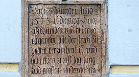 Krems ( Lower Austria ). Stein gate ( 1480 ) : Inscription commemorating a big ice jam of the Danube river in 1573.