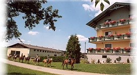 Reitergut Lasser in Franking: Ein Landhotel mit traditioneller Architektur, umgeben von Grünflächen und Bäumen. Auf der Wiese vor dem Gebäude sind einige Pferde zu sehen.