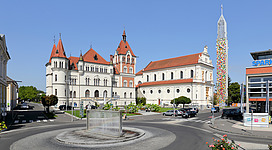 View from the center of Feldbach (Austria) towards Villa Hold and the parish church.