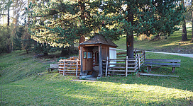 Ein kleines Holzhaus steht auf einer Wiese, umgeben von hohen Bäumen. Es gibt Bänke und einen Zaun aus Holz in der Nähe.