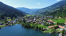 A view of Feld am See, taken via a drone above the Brennsee lake