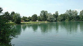 Badesee Mühlheim in Mühlheim am Inn: Eine ruhige Seenlandschaft mit einer Parkanlage am Ufer. Der See ist von dichtem Baumbestand umgeben, der sich in dem klaren Wasser spiegelt. An einem Steg im Vordergrund sitzen Menschen, die die Natur genießen.