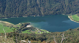 Ein schöner Ausblick auf einen See, umgeben von grünen Wäldern und Bergen. Das Wasser reflektiert die umliegende Landschaft.