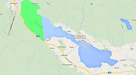 Fischen - Westliches Teilgebiet - St. Gilgen in St. Gilgen: Das Bild zeigt eine Landkarte mit einem See, umgeben von bewaldeten Hügeln und Bergen. Es sind verschiedene Ortsnamen und Straßen darauf eingezeichnet, die auf eine touristische Gegend hinweisen.