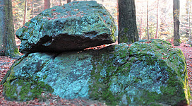 Jungfrauenstein bei Dornedt in Kopfing im Innkreis: Eine Ansammlung von moosbedeckten Felsen inmitten eines bewaldeten Gebiets. Die Felsen sind von einem satten Grün überzogen, was ihnen ein rustikales und natürliches Aussehen verleiht. Die Umgebung ist geprägt von Bäumen und Unterholz, die eine ruhige und friedliche Atmosphäre vermitteln.