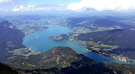 View of the Mondsee lake from the Schafberg mountain in the Salzkammergut region in Austria