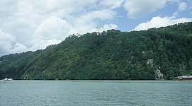 Schlossberg Neuhaus in St. Martin im Mühlkreis: Eine bewaldete Bergkette mit einem historischen Turm an der Spitze, der sich vor einem bewölkten Himmel abhebt. Ein See erstreckt sich vor der Berglandschaft.