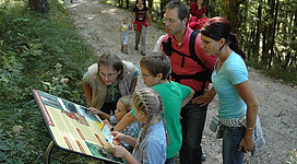 Eine Familie betrachtet ein Informationsschild auf einem Wanderweg im Wald. Im Hintergrund sind weitere Wanderer sichtbar.
