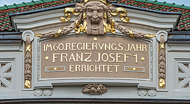 Dedication inscription at the city theater (Architects: F. Fellner and H. Helmer) on Theaterplatz #4, inner city, statutary city Klagenfurt, Carinthia, Austria, EU