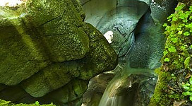 Ein beeindruckender Wasserfall fließt zwischen großen Felsen. Umgeben von grünem Moos und natürlicher Schönheit.