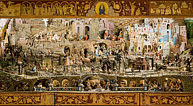 Krippen in Christkindl in Steyr: Das Bild zeigt eine komplexe, detailreiche Szene mit vielen menschlichen Figuren, Gebäuden und Landschaftselementen. Es ist eine farbenprächtige, symbolreiche Darstellung, die eine Vielzahl von Motiven und Aktivitäten zeigt, die in einer fantasievollen, bunten Komposition zusammengefügt sind.