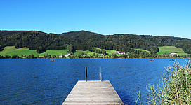 Steg mit Leiter in den Irrsee, auf der anderen Uferseite sind Hügel und Wälder